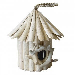 Nichoir maison à oiseaux en teck  - objet décoratif à poser à suspendre - design bohème chic & nature  - BIRDY 01