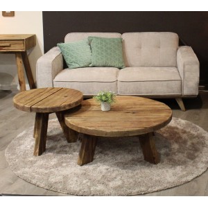 Table basse ronde 60 cm en pin recyclé - style esprit montagne rustique - Collection CHALET