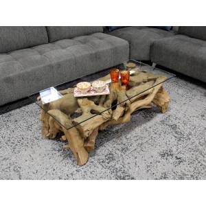 table basse rectangulaire 120 cm en teck et plateau en verre - design exotique chic bord de mer - PONDICHERY