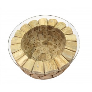 Table basse ronde en teck avec plateau en verre transparent - design exotique cabane chic - KONTIKI
