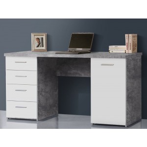 Bureau 4 Tiroirs 1 Porte Blanc Et Decor Beton Gris 145 Cm Alvin