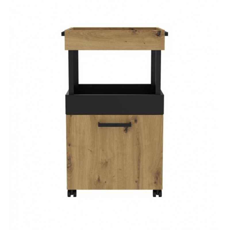 Meuble bar 1 portes 2 plateaux rangements pieds sur roulettes bois chêne artisan noir mat - BENJI