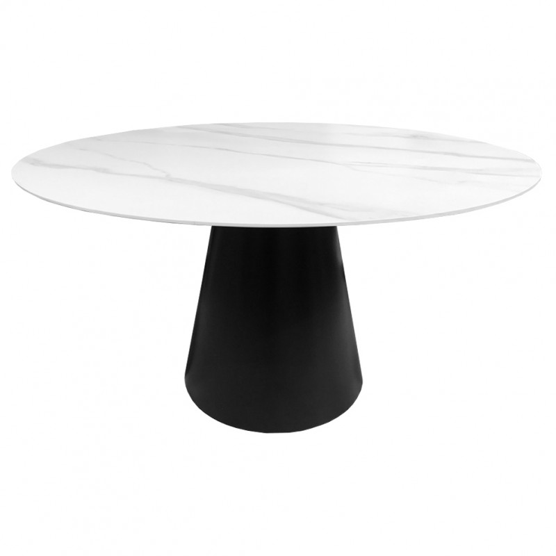 Table de repas ronde avec plateau en céramique blanc et piètement en métal noir - ASHE