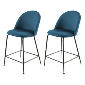Lot de 2 chaises de bar en velours bleu piètement métal noir - FARA