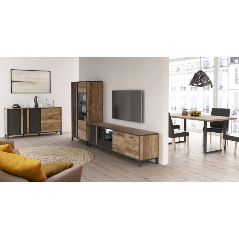 Buffet 200 cm 3 portes 3 tiroirs décor bois et noir mat - CELIA
