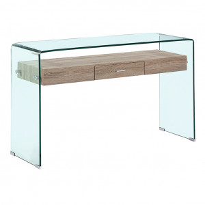 Console L. 125 cm en verre trempé avec tiroir décor chêne - ICE