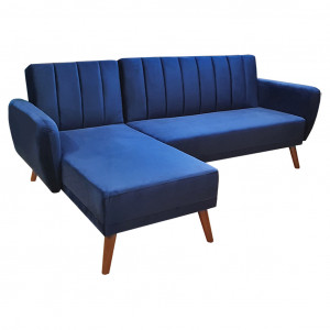 Canapé d'angle convertible velours bleu et piètement bois - URSULE