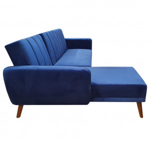 Canapé d'angle convertible velours bleu et piètement bois - URSULE