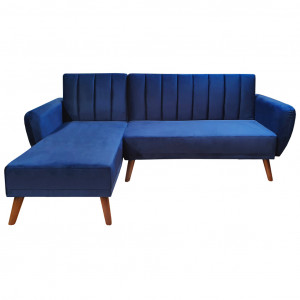 Canapé d'angle convertible velours bleu et piètement bois - URSULE