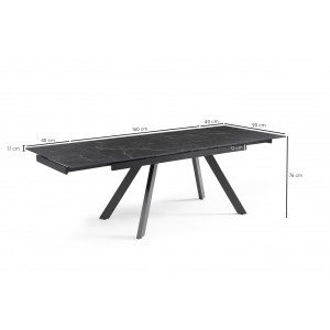 Table extensible 160/240 cm en céramique noir marbré mat et 4 pieds inclinés métal noir - INDIANA 08