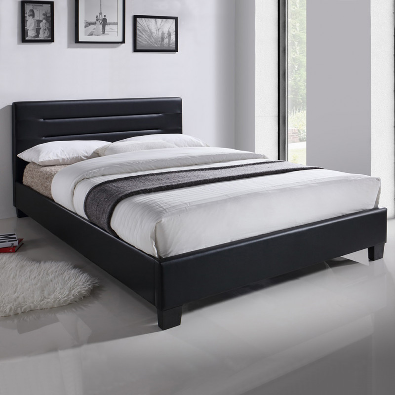 Pack lit double en simili noir + matelas 160 x 200 cm inclus - BALI