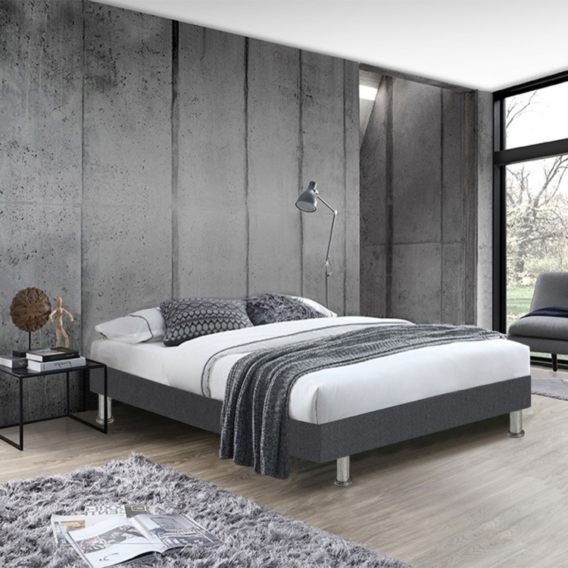 Pack lit 160 x 200 cm sommier tissu gris foncé + matelas - REMIMOS