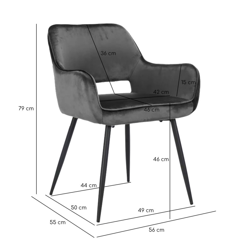 Chaise en velours gris anthracite avec accoudoirs dossier capitonné et pieds métal confortable - ARON
