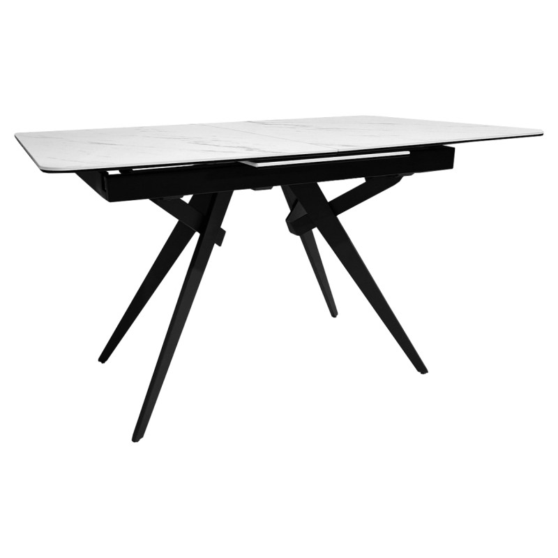 Table de repas extensible 130/170 cm plateau en céramique blanc marbré et pieds évasés en métal noir - LAUREL