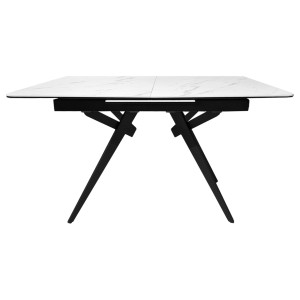 Table de repas extensible 130/170 cm plateau en céramique blanc marbré et pieds évasés en métal noir - LAUREL