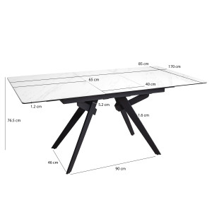 Table de repas extensible 130/170 cm plateau en céramique blanc marbré et pieds évasés en métal noir - LAUREL