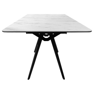 Table de repas extensible 130/170 cm plateau en céramique blanc marbré et pieds évasés en métal noir - LAUREL