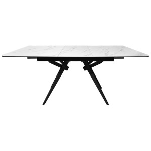 Table de repas extensible 130/170 cm plateau en céramique blanc marbré et pieds évasés en métal noir - LAUREL