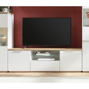 Meuble TV contemporain chêne et blanc laqué avec LED - VERONICA