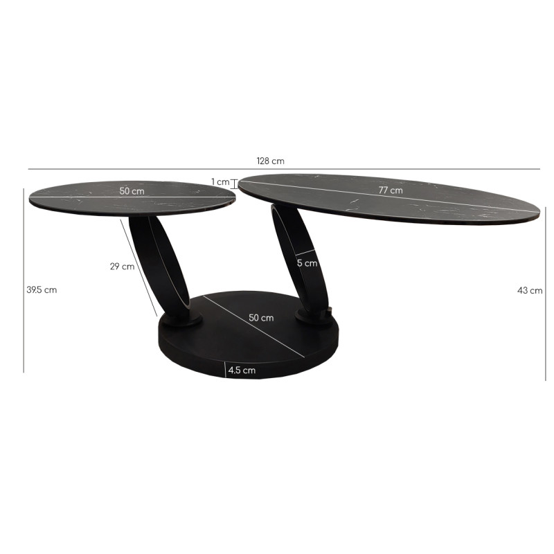 Table basse 2 plateaux ronds rotatifs en céramique gris anthracite marbré et pieds métal noir - SHIVA