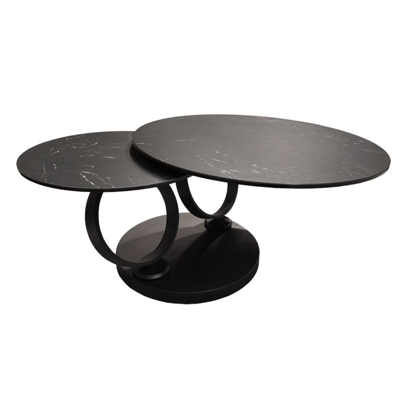 Table basse 2 plateaux ronds rotatifs en céramique gris anthracite marbré et pieds métal noir - SHIVA