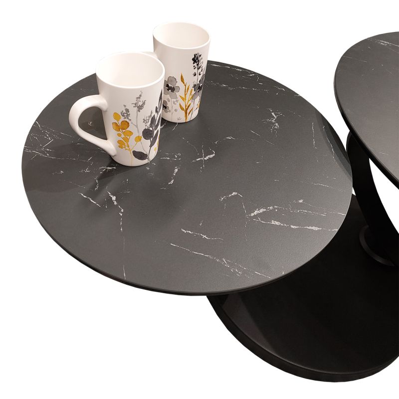 Table basse 2 plateaux ronds rotatifs en céramique gris anthracite marbré et pieds métal noir - SHIVA