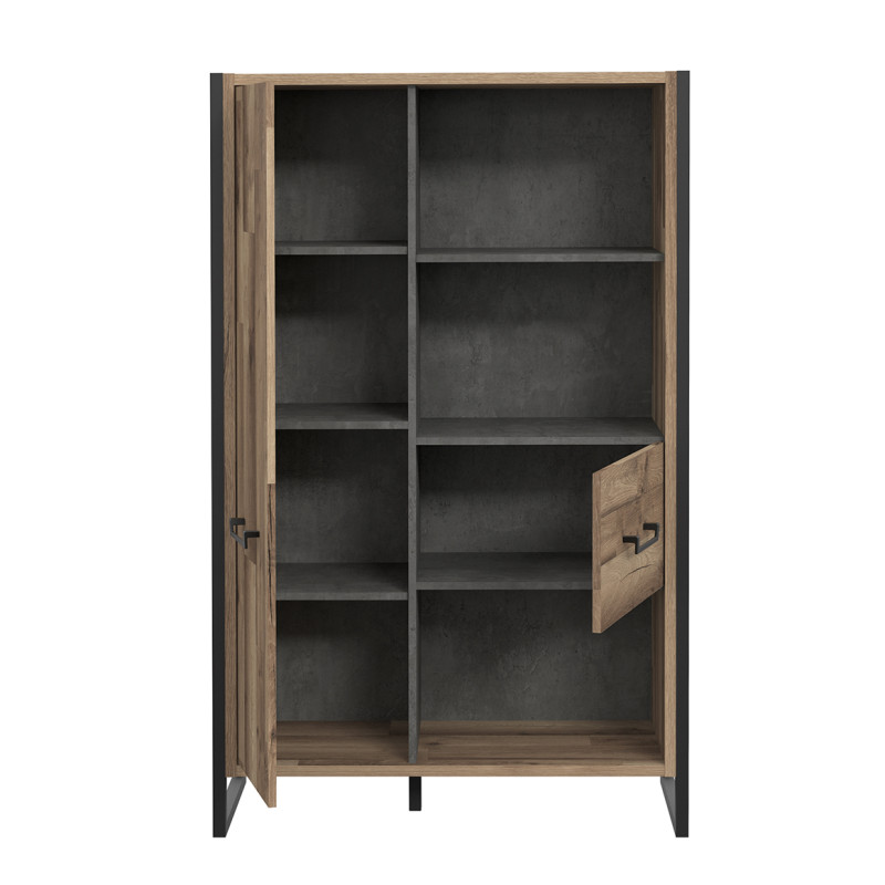 Etagère bibliothèque 2 portes 3 niches décor bois recyclé pieds et poignées métal noir - APACHE