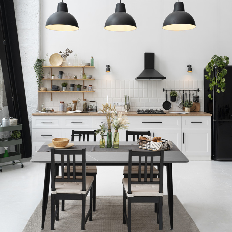 Table de Repas 130 x 70 cm avec Plateau en Céramique Gris Grainé et Pieds Évasés en Métal Noir - RYDER