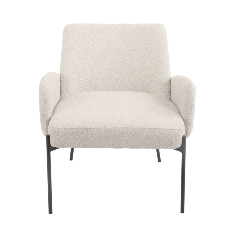 Fauteuil avec accoudoirs en tissu bouclette écru imitation laine de mouton et pieds fins en métal noir - SHEEP