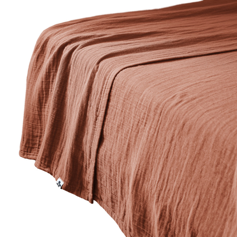 Drap Plat 240 x 300 cm en Double Gaze de Coton Terracotta avec Surpiqûre - PEPA