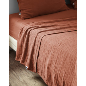 Drap Plat 240 x 300 cm en Double Gaze de Coton Terracotta avec Surpiqûre - PEPA