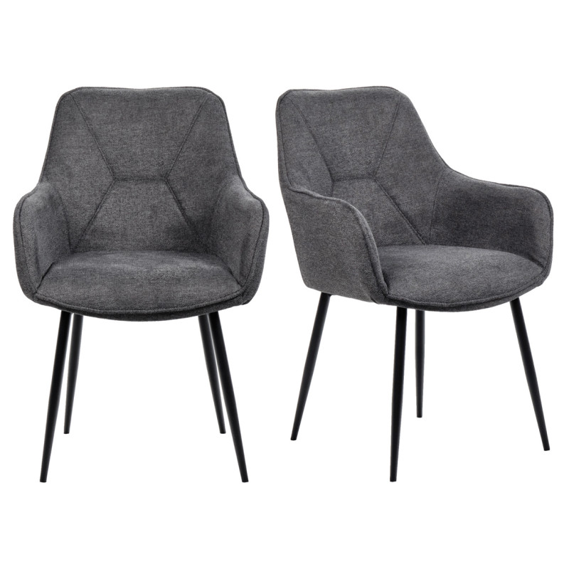 Lot de 2 Chaises Capitonnées avec Accoudoirs en Tissu Gris Foncé avec Pieds en Métal Noir - THEO