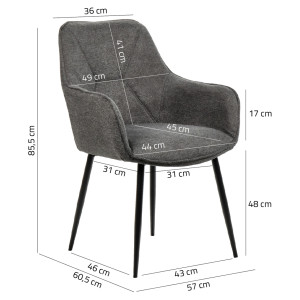 Lot de 2 Chaises Capitonnées avec Accoudoirs en Tissu Gris Foncé avec Pieds en Métal Noir - THEO