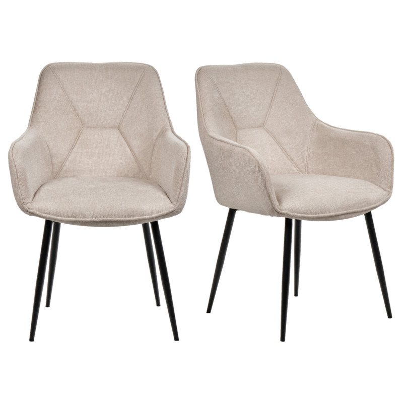 Lot de 2 Chaises Capitonnées avec Accoudoirs en Tissu Beige avec Pieds en Métal Noir - THEO