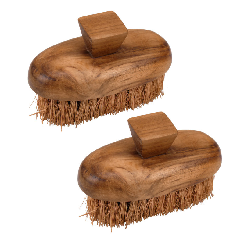 Lot de 2 petites brosses à main avec poignée en bois de teck et fibre de palmier - MORA 01