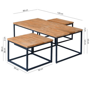 Set de 3 Tables Basses Gigognes carrées et rectangles en bois de teck recyclé et métal noir mat - FIRENZE