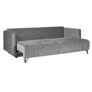 Canapé 3 Places Convertible L.220 cm en Velours Gris 2 Coussins et Pieds en Métal - KIARA