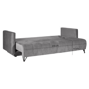 Canapé 3 Places Convertible L.220 cm en Velours Gris 2 Coussins et Pieds en Métal - KIARA