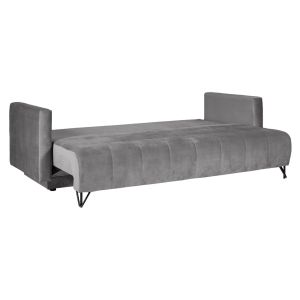 Canapé 3 Places Convertible L.220 cm en Velours Gris 2 Coussins et Pieds en Métal - KIARA