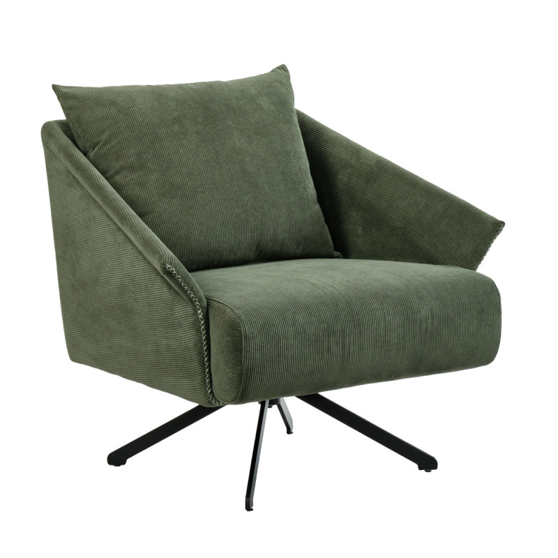 Fauteuil rotatif 360° en velours côtelé vert accoudoirs et surpiqures – cozy rétro et élégant – ZENITA