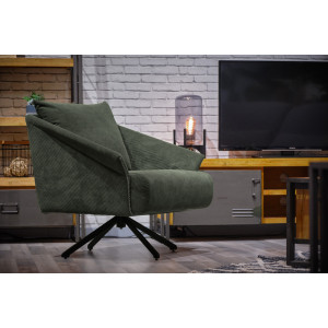 Fauteuil rotatif 360° en velours côtelé vert accoudoirs et surpiqures – cozy rétro et élégant – ZENITA