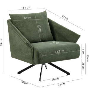 Fauteuil rotatif 360° en velours côtelé vert accoudoirs et surpiqures – cozy rétro et élégant – ZENITA