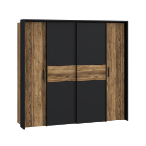 Armoire dressing  209 cm 2 portes coulissantes 2 battantes décor bois épicéa et noir mat - CELIA