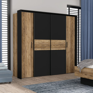 Armoire dressing  209 cm 2 portes coulissantes 2 battantes décor bois épicéa et noir mat - CELIA