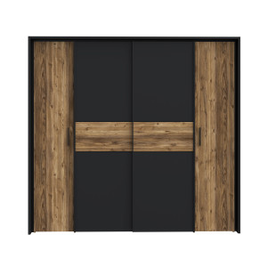 Armoire dressing  209 cm 2 portes coulissantes 2 battantes décor bois épicéa et noir mat - CELIA