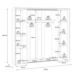 Armoire dressing  209 cm 2 portes coulissantes 2 battantes décor bois épicéa et noir mat - CELIA