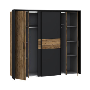 Armoire dressing  209 cm 2 portes coulissantes 2 battantes décor bois épicéa et noir mat - CELIA