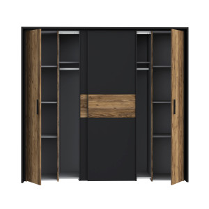 Armoire dressing  209 cm 2 portes coulissantes 2 battantes décor bois épicéa et noir mat - CELIA