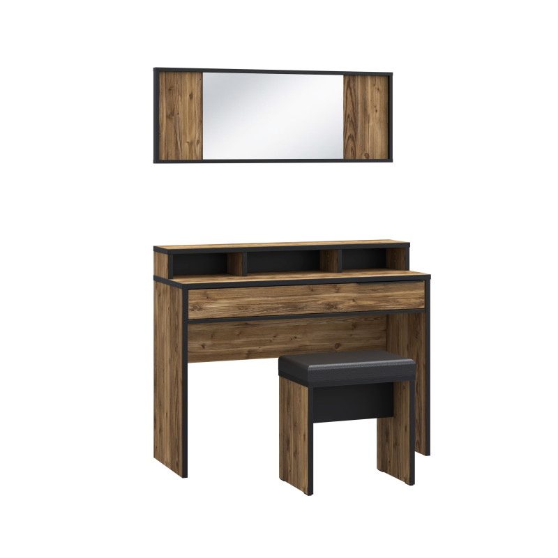 Coiffeuse décor bois épicéa et noir mat 1 miroir 1 table 2 tiroirs 3 niches 1 banc rembourré - CELIA