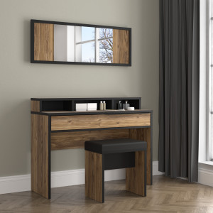 Coiffeuse décor bois épicéa et noir mat 1 miroir 1 table 2 tiroirs 3 niches 1 banc rembourré - CELIA